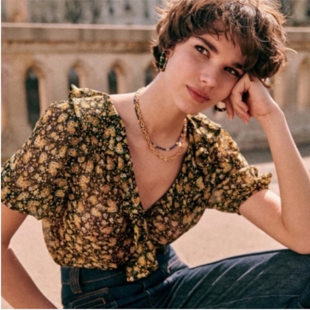 Sezane Irena Blouse Black / Yellow Blossoms - Size 2